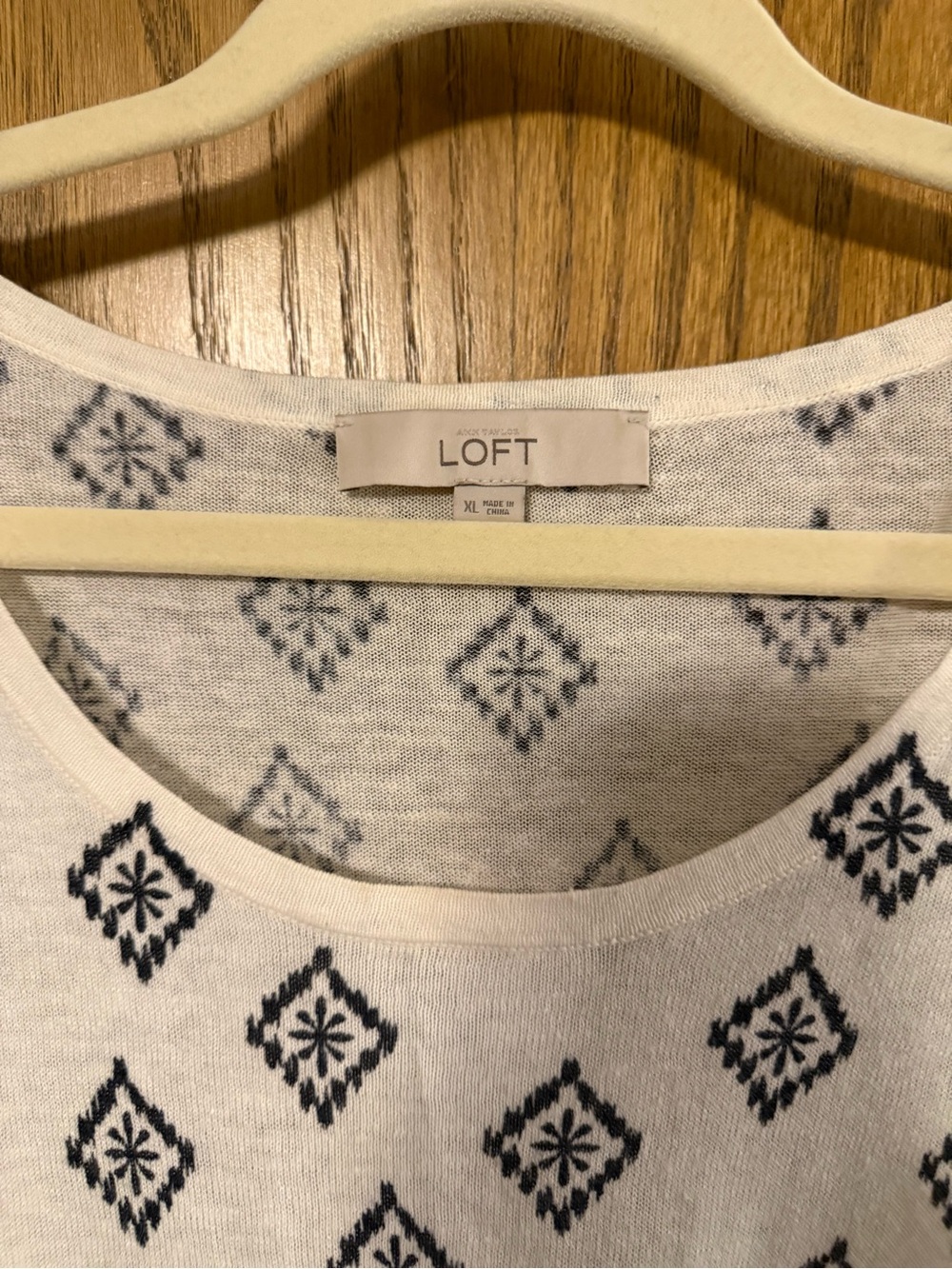 LOFT Cream Sweater with Navy Geometric Motif